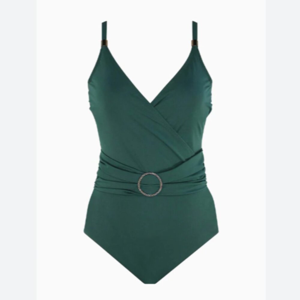 New NWT Amoressa by Miraclesuit Oil Slick Getty One-Piece Swimsuit Forest Green